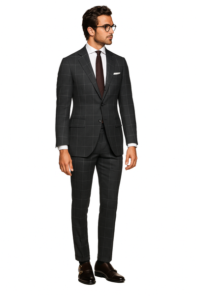 Men's Grey 2 Button Windowpane checkered check pattern Slim Fit Pure Wool Suit