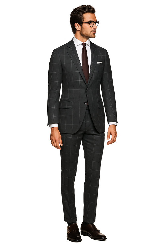 Men's Grey 2 Button Windowpane checkered check pattern Slim Fit Pure Wool Suit