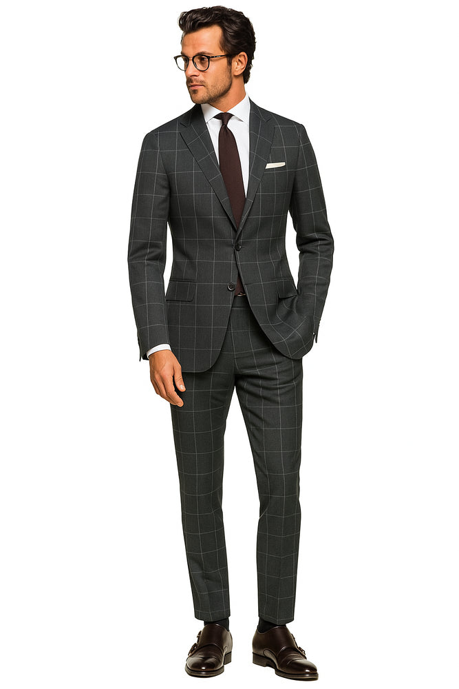 Men's Grey 2 Button Windowpane checkered check pattern Slim Fit Pure Wool Suit