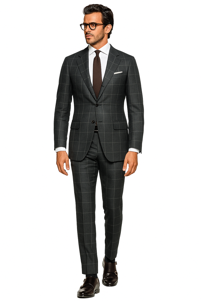 Men's Grey 2 Button Windowpane checkered check pattern Slim Fit Pure Wool Suit