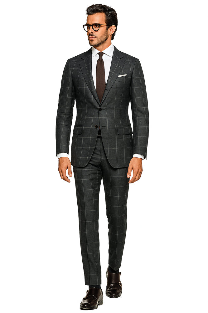 Men's Grey 2 Button Windowpane checkered check pattern Slim Fit Pure Wool Suit