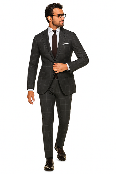 Men's Grey 2 Button Windowpane checkered check pattern Slim Fit Pure Wool Suit