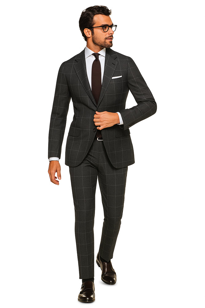 Men's Grey 2 Button Windowpane checkered check pattern Slim Fit Pure Wool Suit