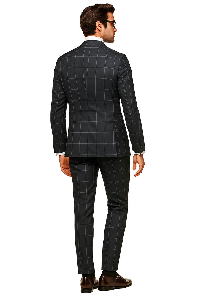Men's Grey 2 Button Windowpane checkered check pattern Slim Fit Pure Wool Suit