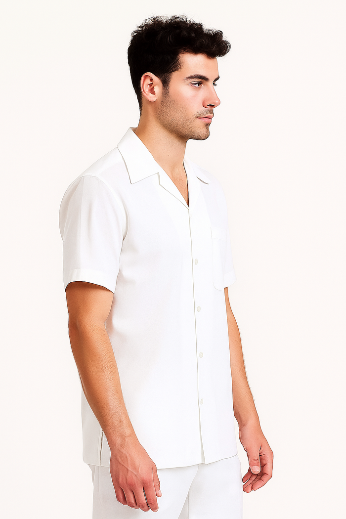 Mens Linen Suit - Dual Vents 5-Buttons Summer Casual Two Piece Mens Walking Outfit For Sale Pant Sets Casual Suit Short sleeve Shirt + Pants White all white outfits for men