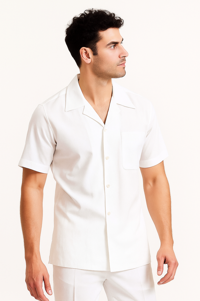 Mens Linen Suit - Dual Vents 5-Buttons Summer Casual Two Piece Mens Walking Outfit For Sale Pant Sets Casual Suit Short sleeve Shirt + Pants White all white outfits for men