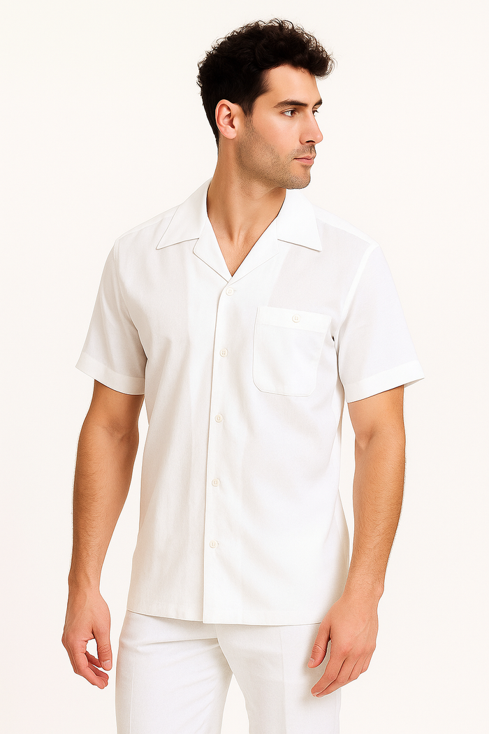 Mens Linen Suit - Dual Vents 5-Buttons Summer Casual Two Piece Mens Walking Outfit For Sale Pant Sets Casual Suit Short sleeve Shirt + Pants White all white outfits for men