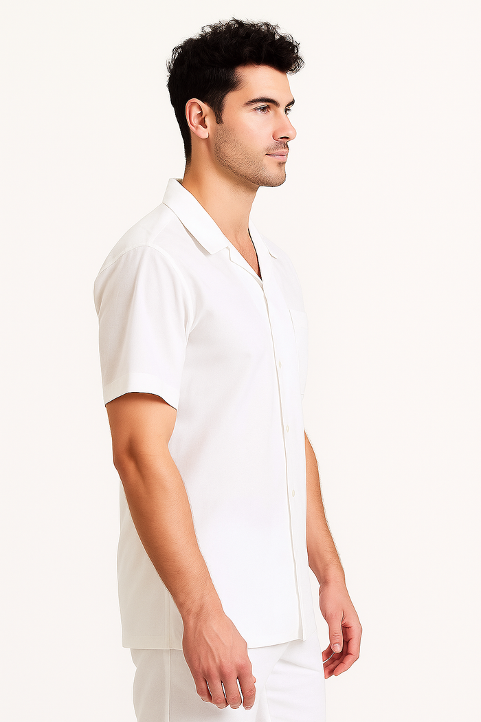 Mens Linen Suit - Dual Vents 5-Buttons Summer Casual Two Piece Mens Walking Outfit For Sale Pant Sets Casual Suit Short sleeve Shirt + Pants White all white outfits for men