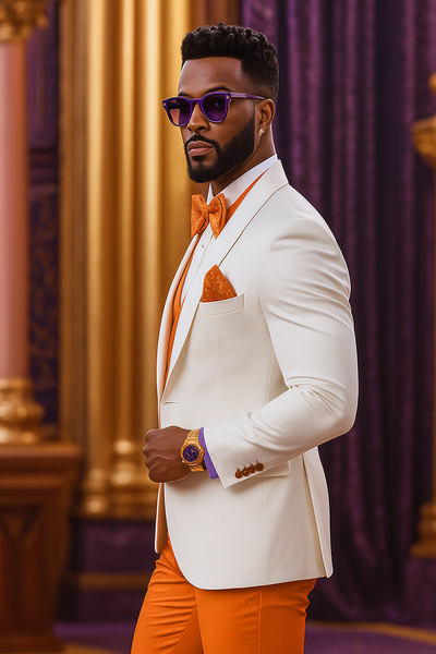 White and Orange Tuxedo Wedding Suit - White Dinner Jacket + Vest + Pants + Bow-tie