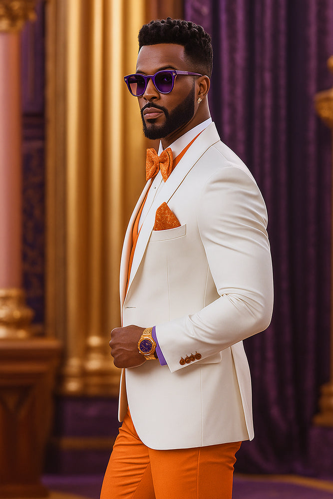 White and Orange Tuxedo Wedding Suit - White Dinner Jacket + Vest + Pants + Bow-tie