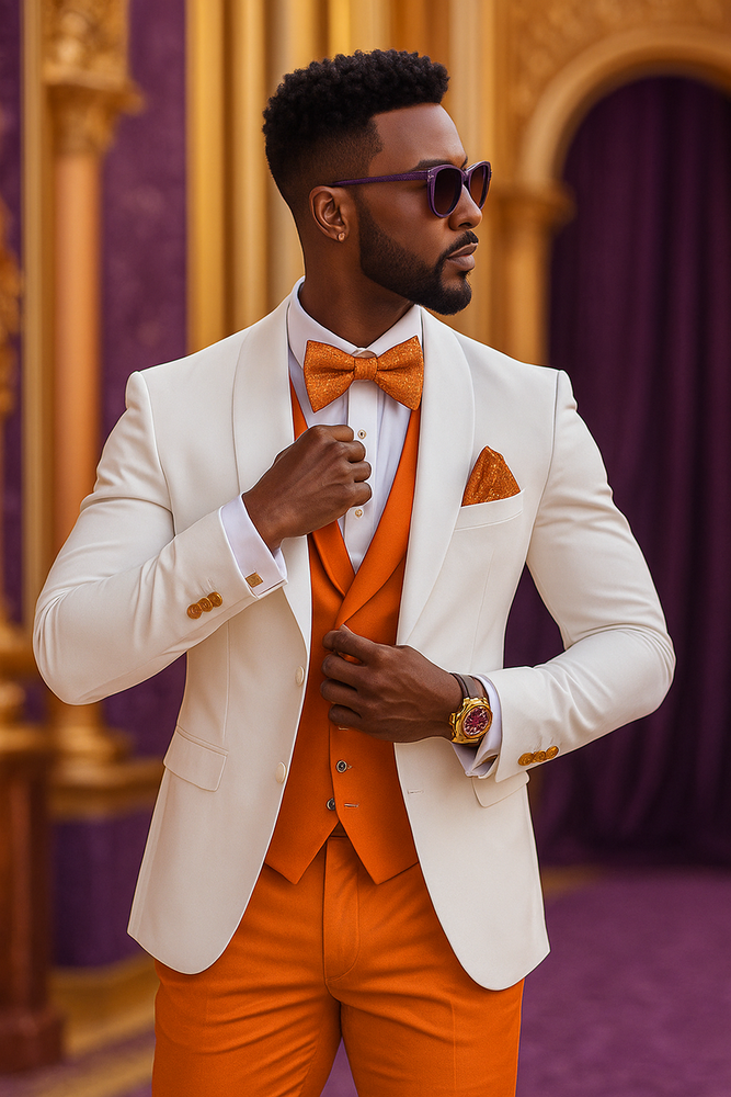 White and Orange Tuxedo Wedding Suit - White Dinner Jacket + Vest + Pants + Bow-tie