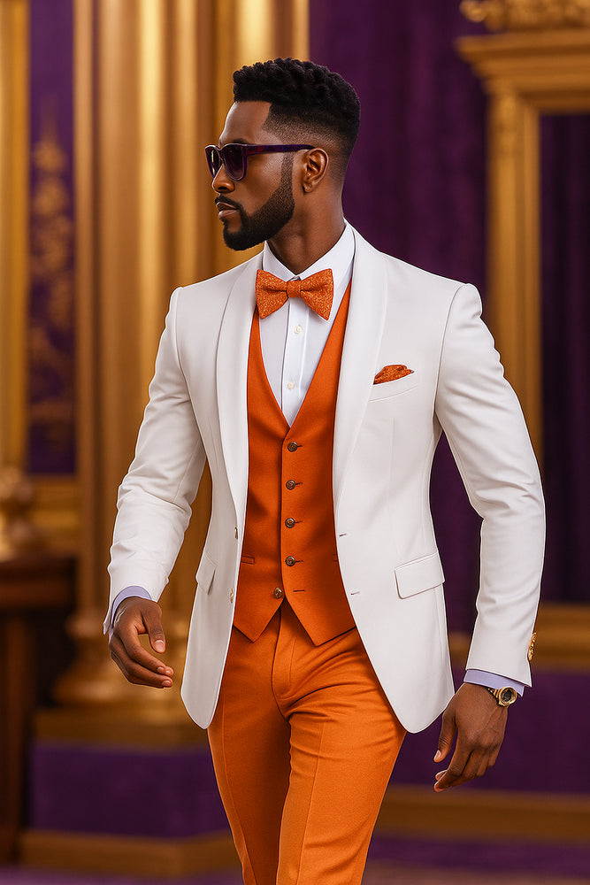 White and Orange Tuxedo Wedding Suit - White Dinner Jacket + Vest + Pants + Bow-tie
