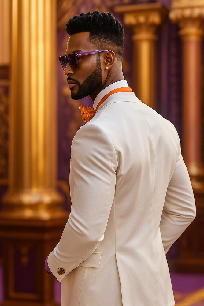 White and Orange Tuxedo Wedding Suit - White Dinner Jacket + Vest + Pants + Bow-tie