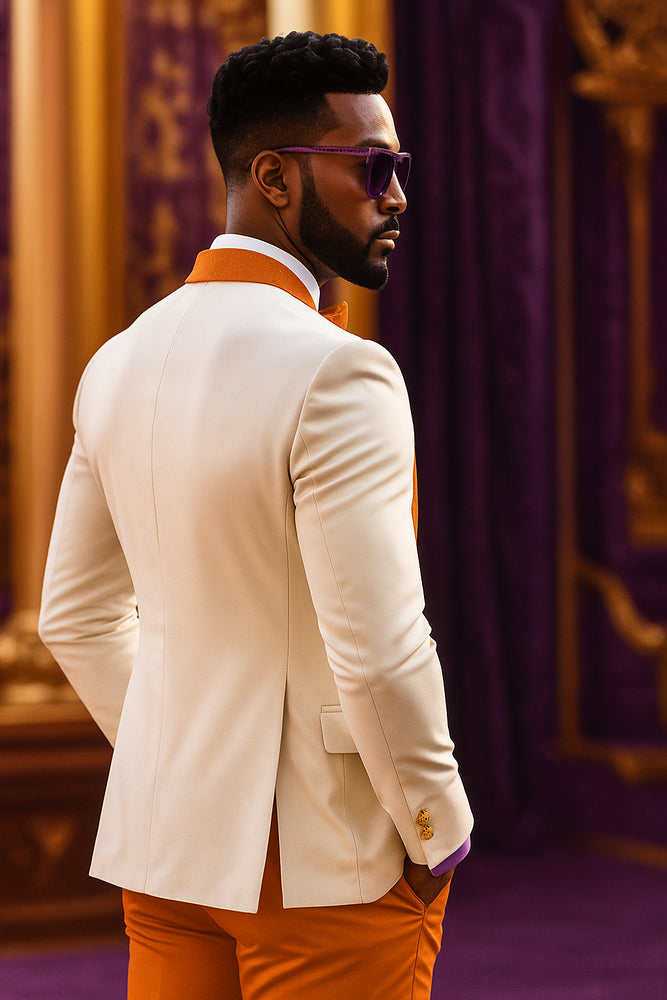 White and Orange Tuxedo Wedding Suit - White Dinner Jacket + Vest + Pants + Bow-tie
