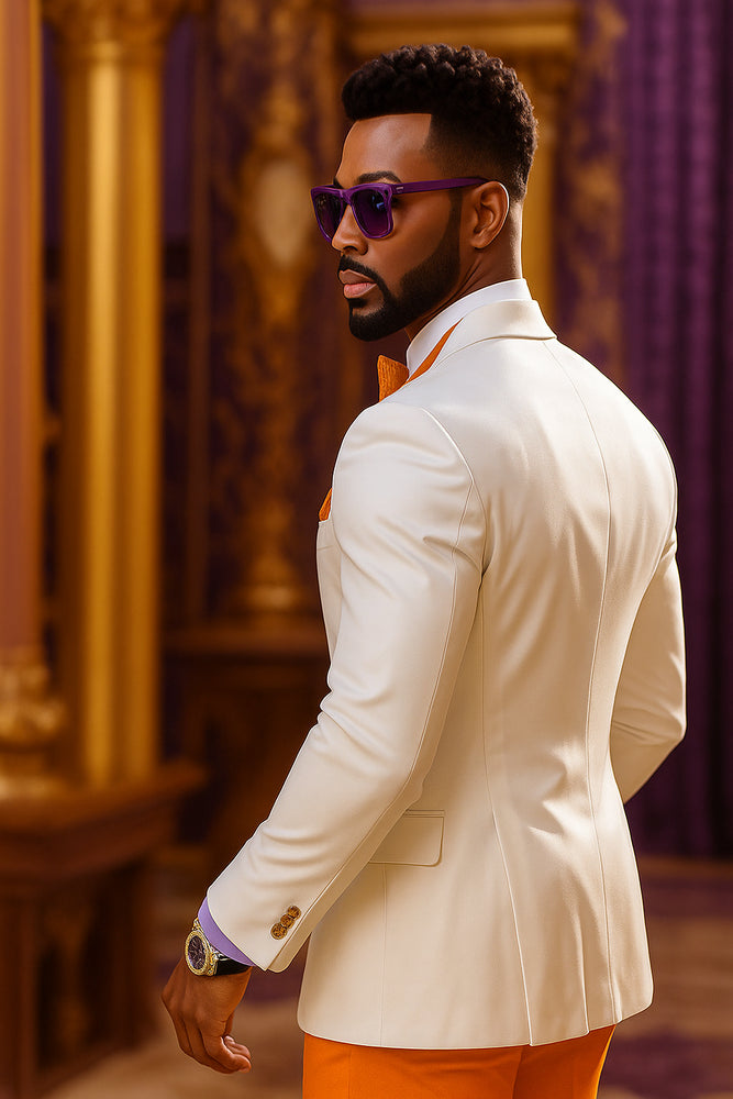 White and Orange Tuxedo Wedding Suit - White Dinner Jacket + Vest + Pants + Bow-tie
