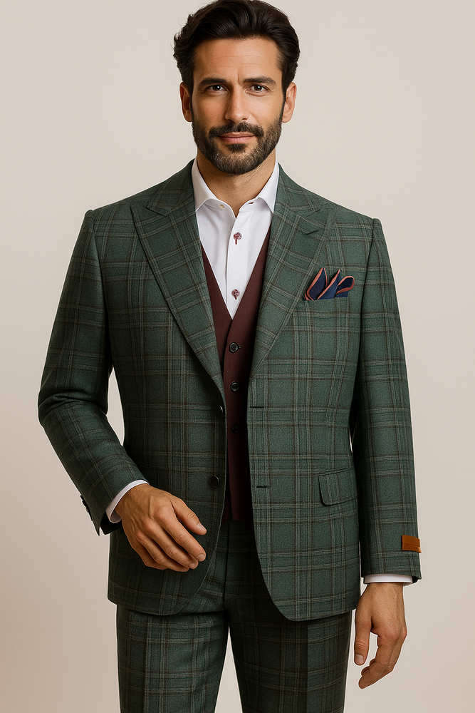Steve Harvey Suit - Peak Lapel Modern Fit - No Pleated Pants Designer Brand Green Peak Lapel 3 Piece Vested Suit