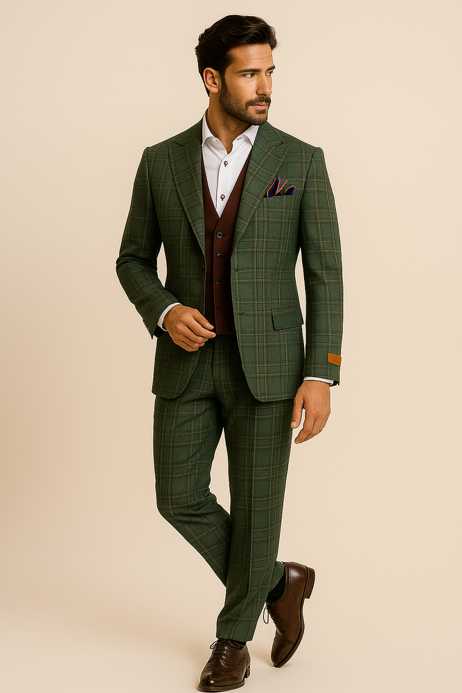 Steve Harvey Suit - Peak Lapel Modern Fit - No Pleated Pants Designer Brand Green Peak Lapel 3 Piece Vested Suit
