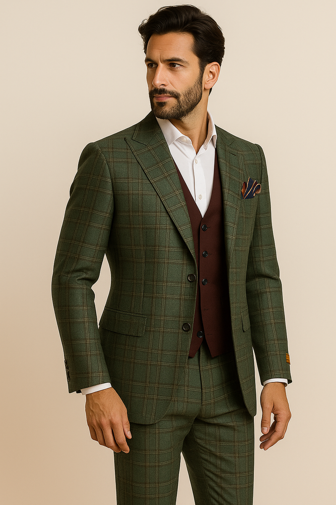 Steve Harvey Suit - Peak Lapel Modern Fit - No Pleated Pants Designer Brand Green Peak Lapel 3 Piece Vested Suit