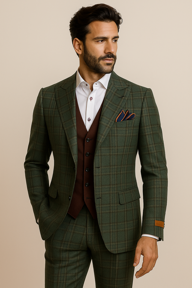 Steve Harvey Suit - Peak Lapel Modern Fit - No Pleated Pants Designer Brand Green Peak Lapel 3 Piece Vested Suit