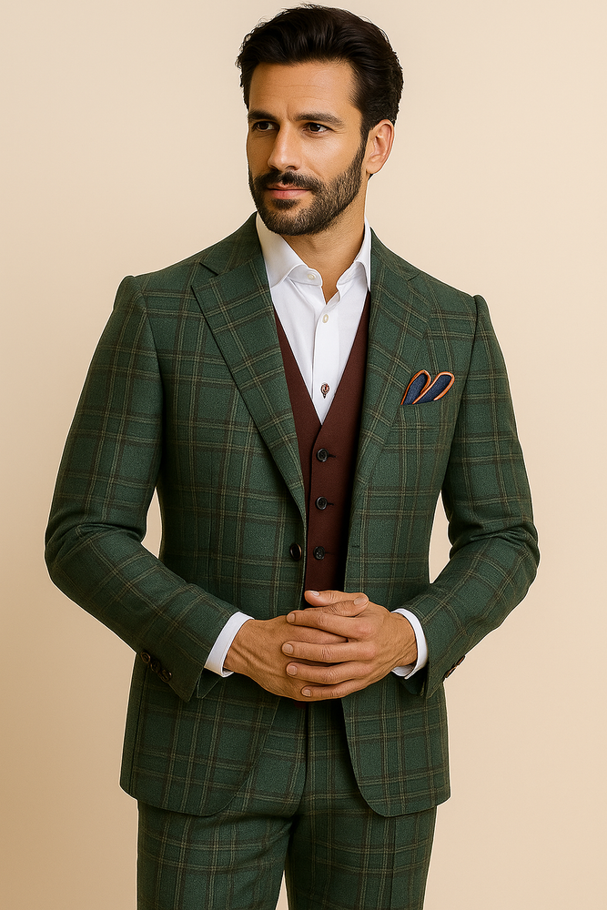 Steve Harvey Suit - Peak Lapel Modern Fit - No Pleated Pants Designer Brand Green Peak Lapel 3 Piece Vested Suit