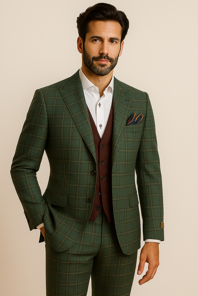 Steve Harvey Suit - Peak Lapel Modern Fit - No Pleated Pants Designer Brand Green Peak Lapel 3 Piece Vested Suit