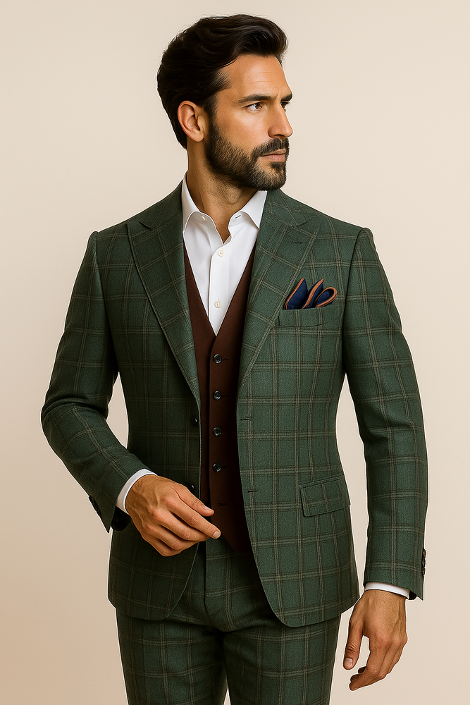 Steve Harvey Suit - Peak Lapel Modern Fit - No Pleated Pants Designer Brand Green Peak Lapel 3 Piece Vested Suit