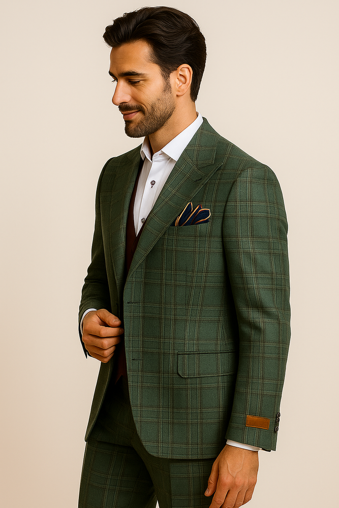 Steve Harvey Suit - Peak Lapel Modern Fit - No Pleated Pants Designer Brand Green Peak Lapel 3 Piece Vested Suit