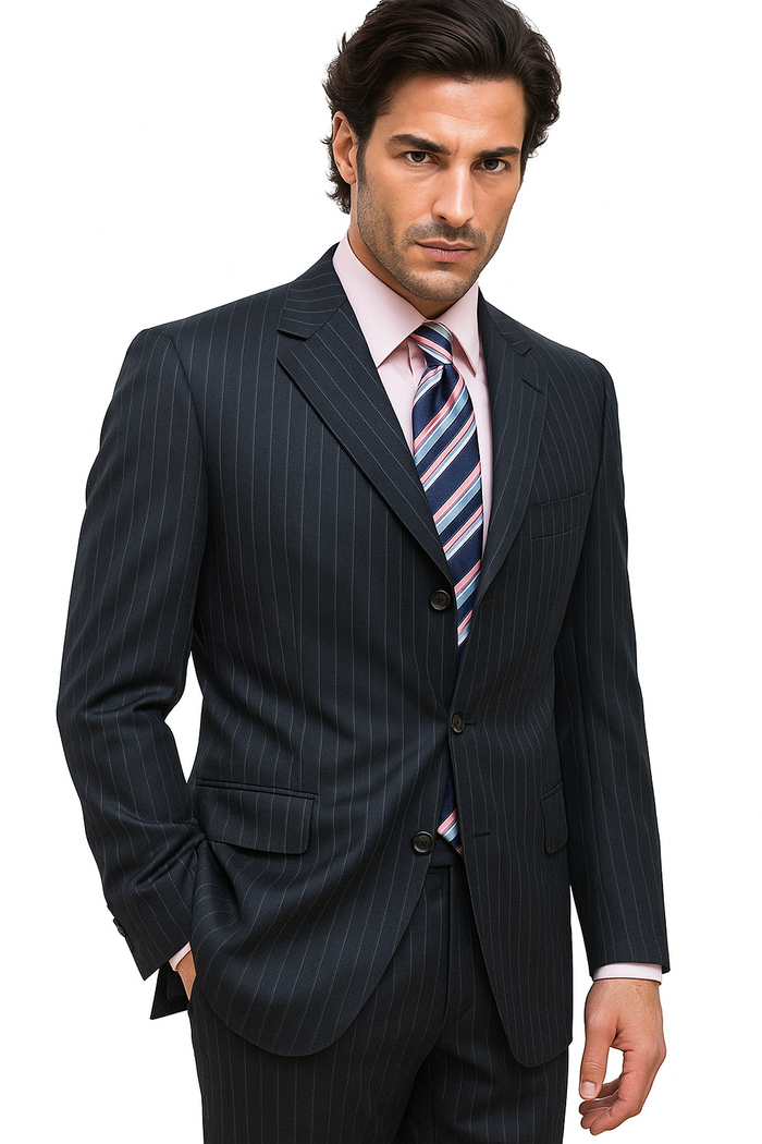 Navy Blue Suit For Men Pin Stripe ~ Pinstripe 2 or Three ~ 3 Buttons Side Vent Jacket Super 150's poly~rayon Suit