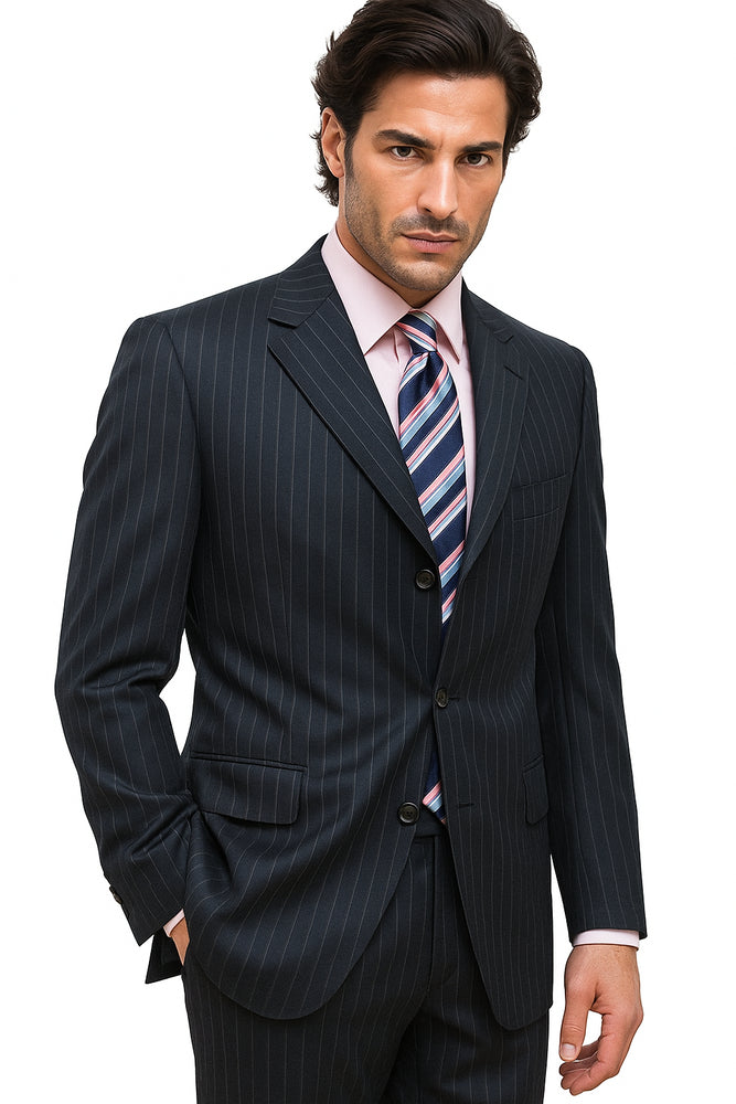 Navy Blue Suit For Men Pin Stripe ~ Pinstripe 2 or Three ~ 3 Buttons Side Vent Jacket Super 150's poly~rayon Suit