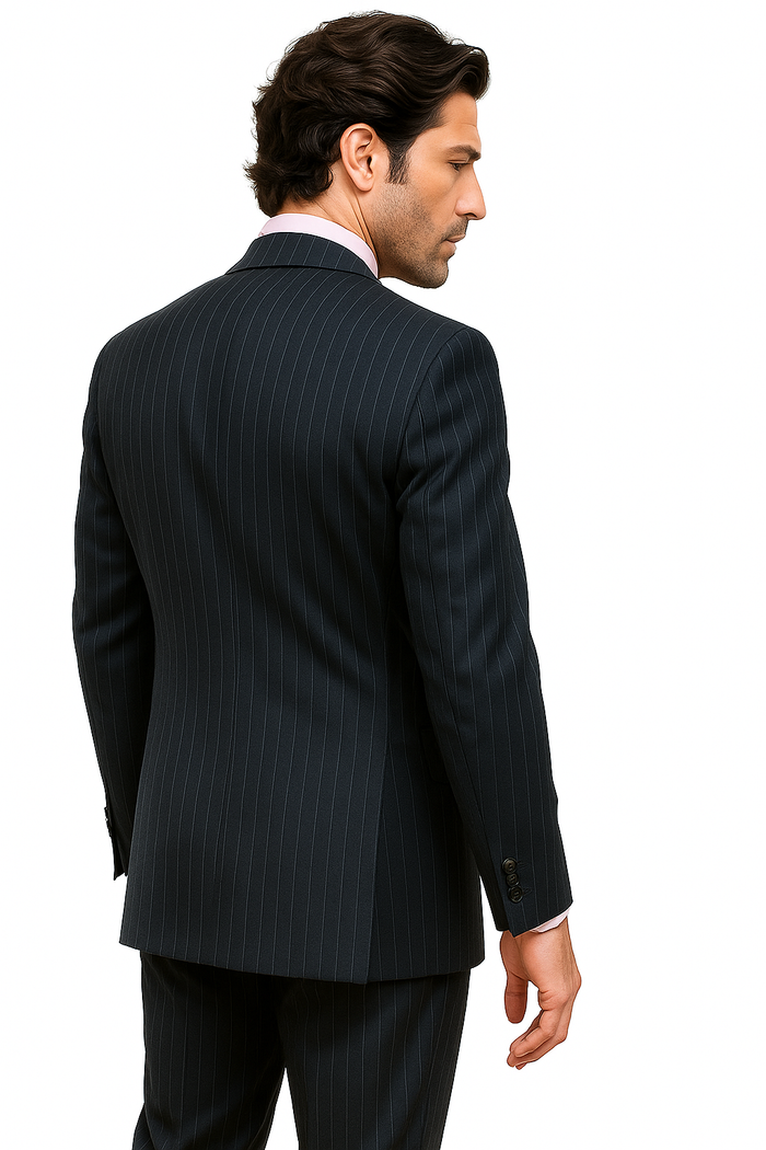 Navy Blue Suit For Men Pin Stripe ~ Pinstripe 2 or Three ~ 3 Buttons Side Vent Jacket Super 150's poly~rayon Suit