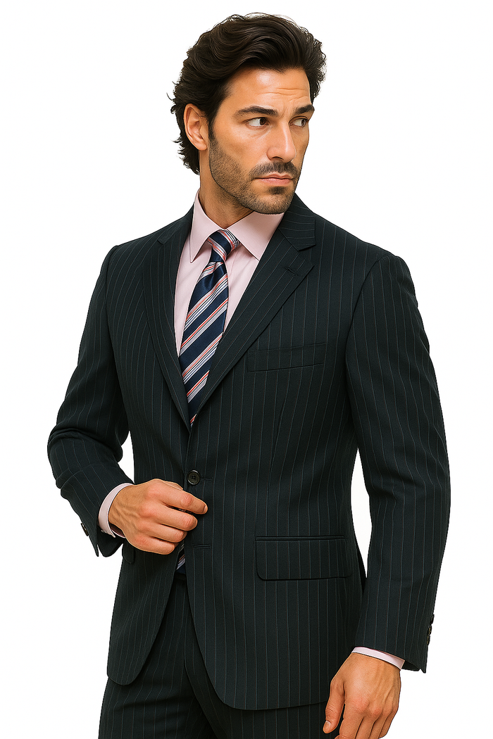 Navy Blue Suit For Men Pin Stripe ~ Pinstripe 2 or Three ~ 3 Buttons Side Vent Jacket Super 150's poly~rayon Suit