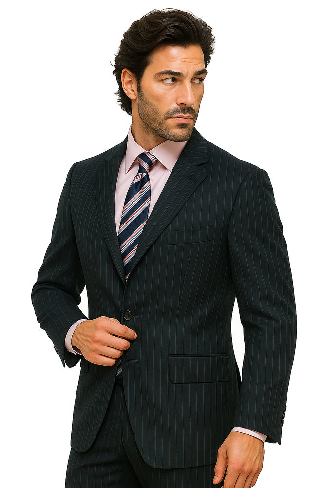 Navy Blue Suit For Men Pin Stripe ~ Pinstripe 2 or Three ~ 3 Buttons Side Vent Jacket Super 150's poly~rayon Suit