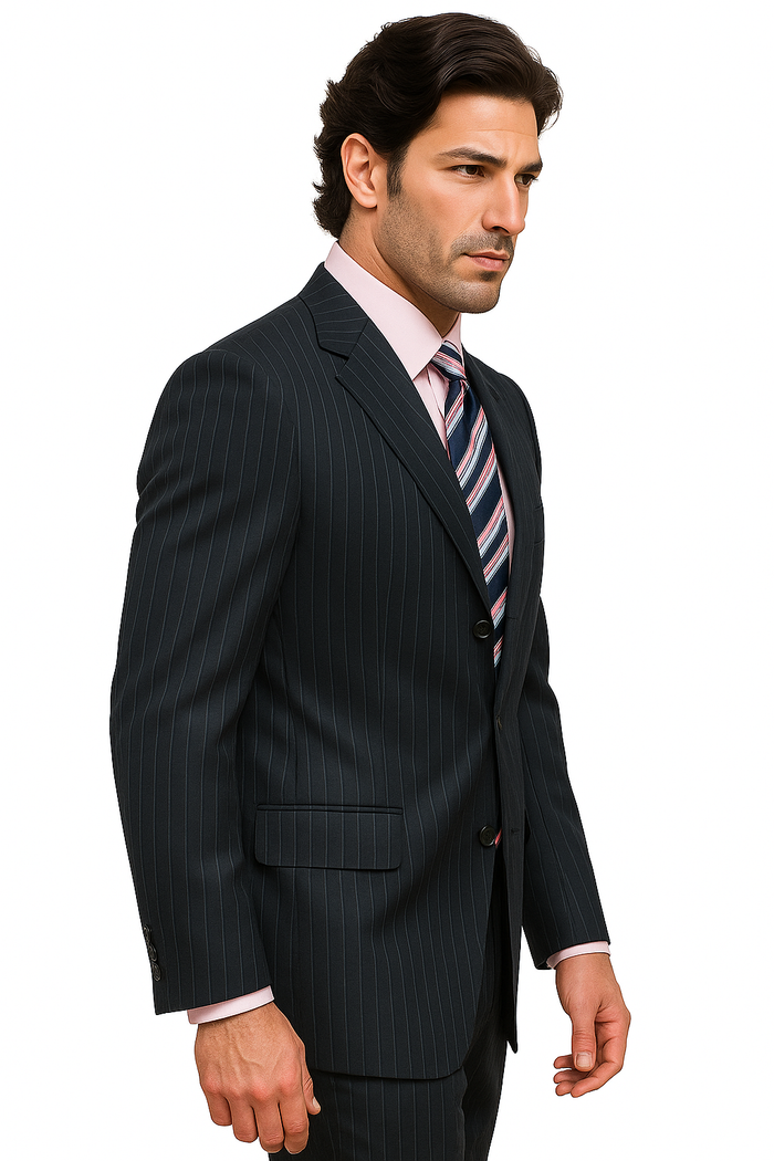 Navy Blue Suit For Men Pin Stripe ~ Pinstripe 2 or Three ~ 3 Buttons Side Vent Jacket Super 150's poly~rayon Suit
