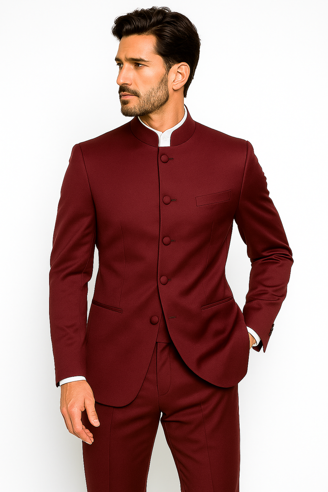 Mandarin Collar Tuxedo - Mandarin Tuxedo - No Collar Suit - Burgundy Suit