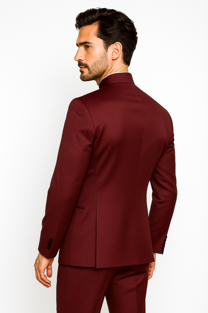Mandarin Collar Tuxedo - Mandarin Tuxedo - No Collar Suit - Burgundy Suit