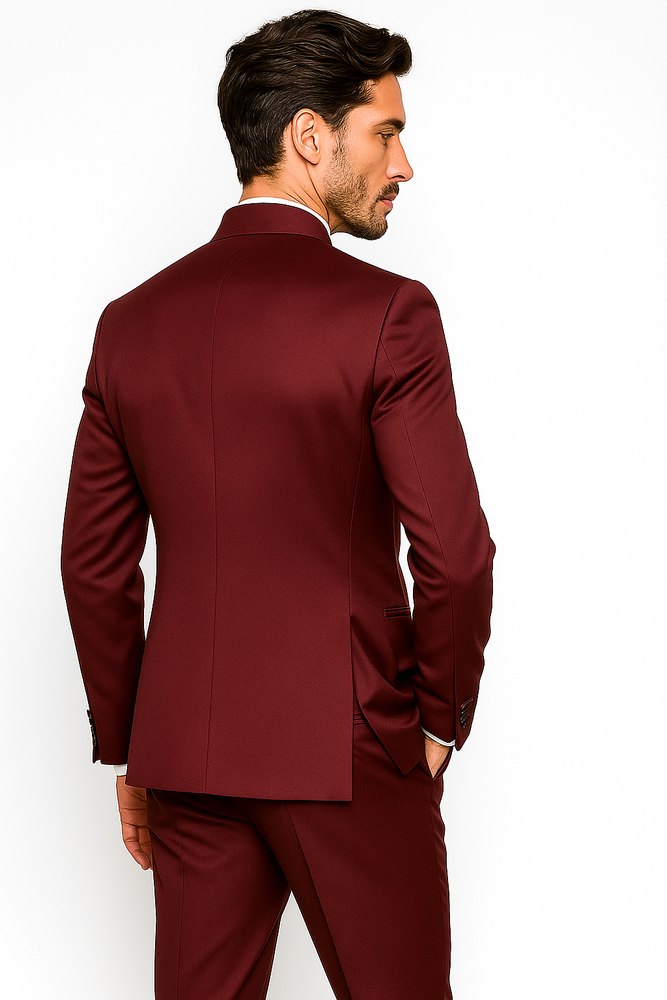 Mandarin Collar Tuxedo - Mandarin Tuxedo - No Collar Suit - Burgundy Suit