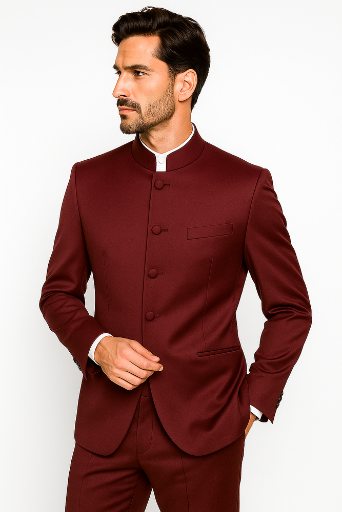 Mandarin Collar Tuxedo - Mandarin Tuxedo - No Collar Suit - Burgundy Suit