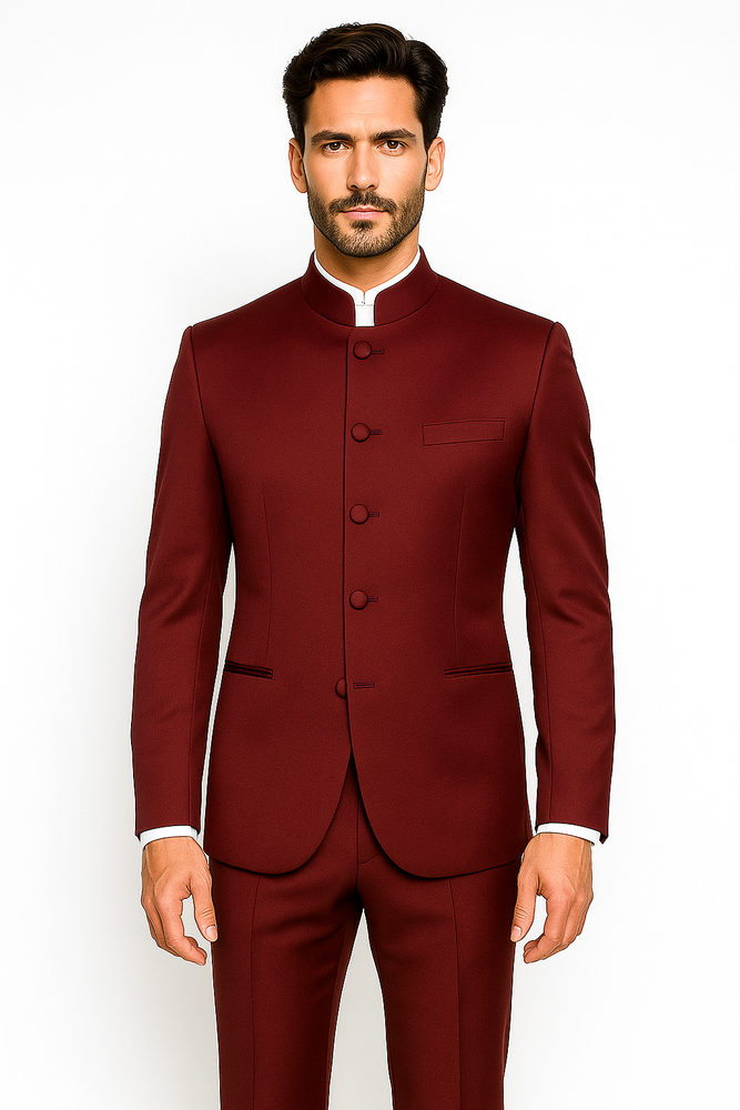 Mandarin Collar Tuxedo - Mandarin Tuxedo - No Collar Suit - Burgundy Suit
