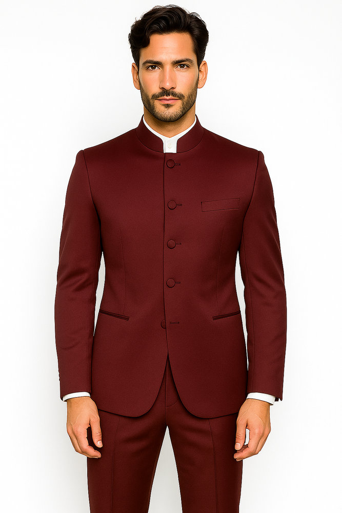Mandarin Collar Tuxedo - Mandarin Tuxedo - No Collar Suit - Burgundy Suit