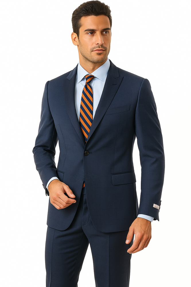 Men's Two Piece Single Button Peak Lapel Wool Fabric Slim Fit Suit Blue