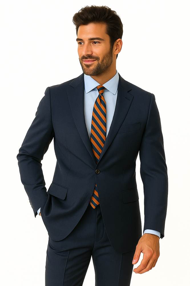 Men's Two Piece Single Button Peak Lapel Wool Fabric Slim Fit Suit Blue