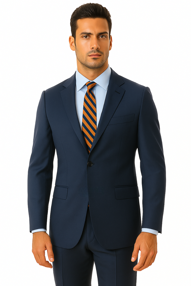 Men's Two Piece Single Button Peak Lapel Wool Fabric Slim Fit Suit Blue