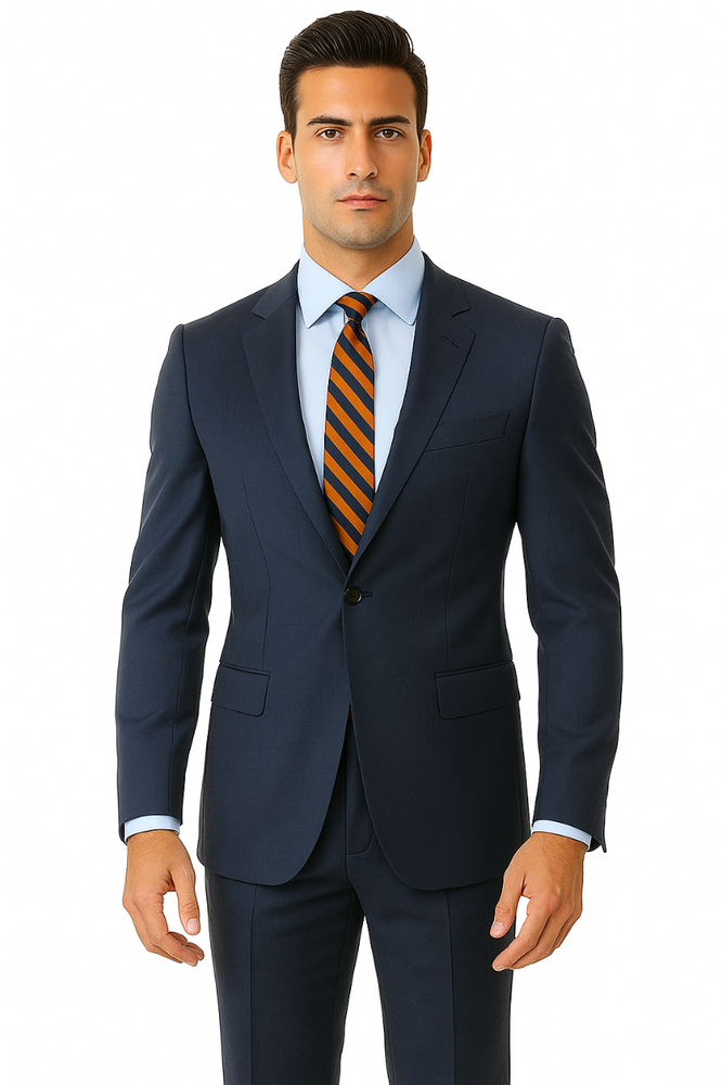Men's Two Piece Single Button Peak Lapel Wool Fabric Slim Fit Suit Blue