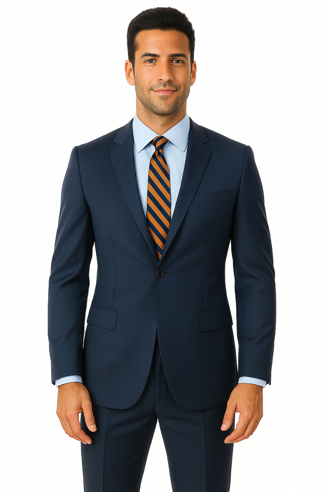 Men's Two Piece Single Button Peak Lapel Wool Fabric Slim Fit Suit Blue