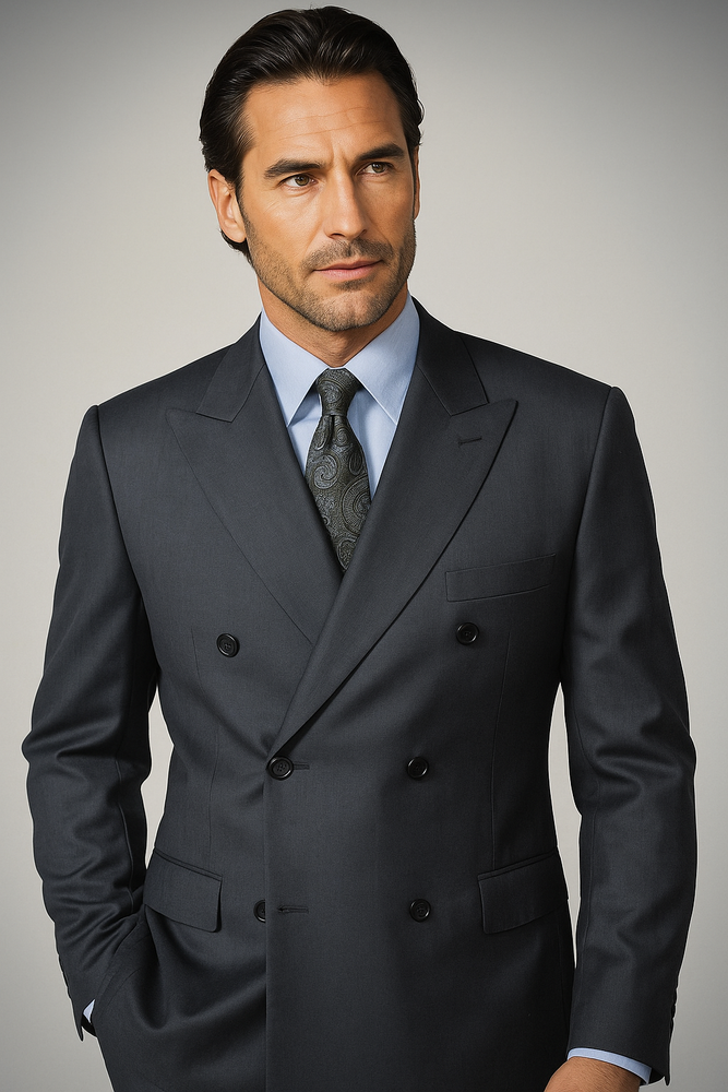 Dark Grey Double Breasted Suits peak lapel wool front With Side Vent Jacket Pleated Pants suit