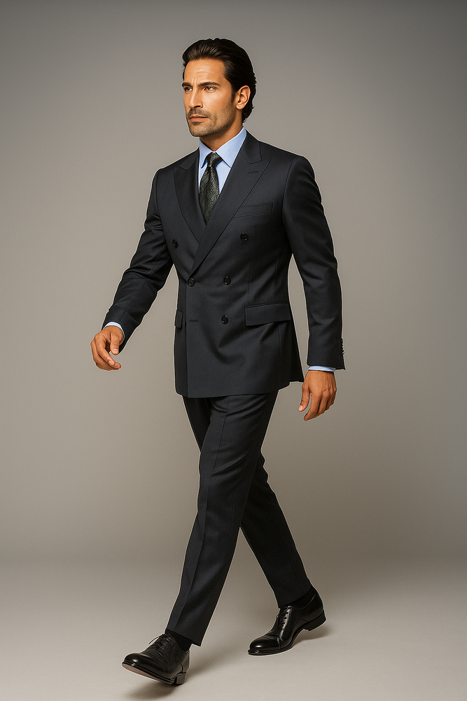 Dark Grey Double Breasted Suits peak lapel wool front With Side Vent Jacket Pleated Pants suit