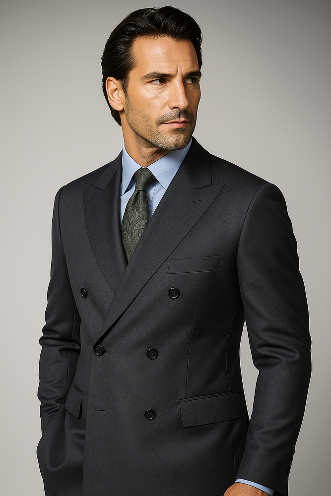 Dark Grey Double Breasted Suits peak lapel wool front With Side Vent Jacket Pleated Pants suit