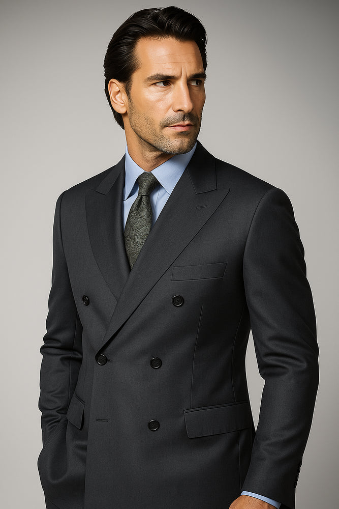 Dark Grey Double Breasted Suits peak lapel wool front With Side Vent Jacket Pleated Pants suit
