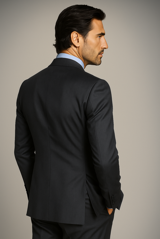 Dark Grey Double Breasted Suits peak lapel wool front With Side Vent Jacket Pleated Pants suit