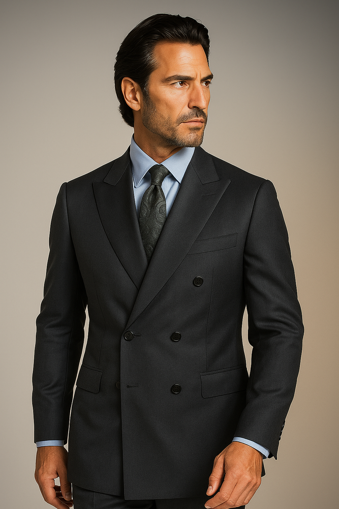 Dark Grey Double Breasted Suits peak lapel wool front With Side Vent Jacket Pleated Pants suit